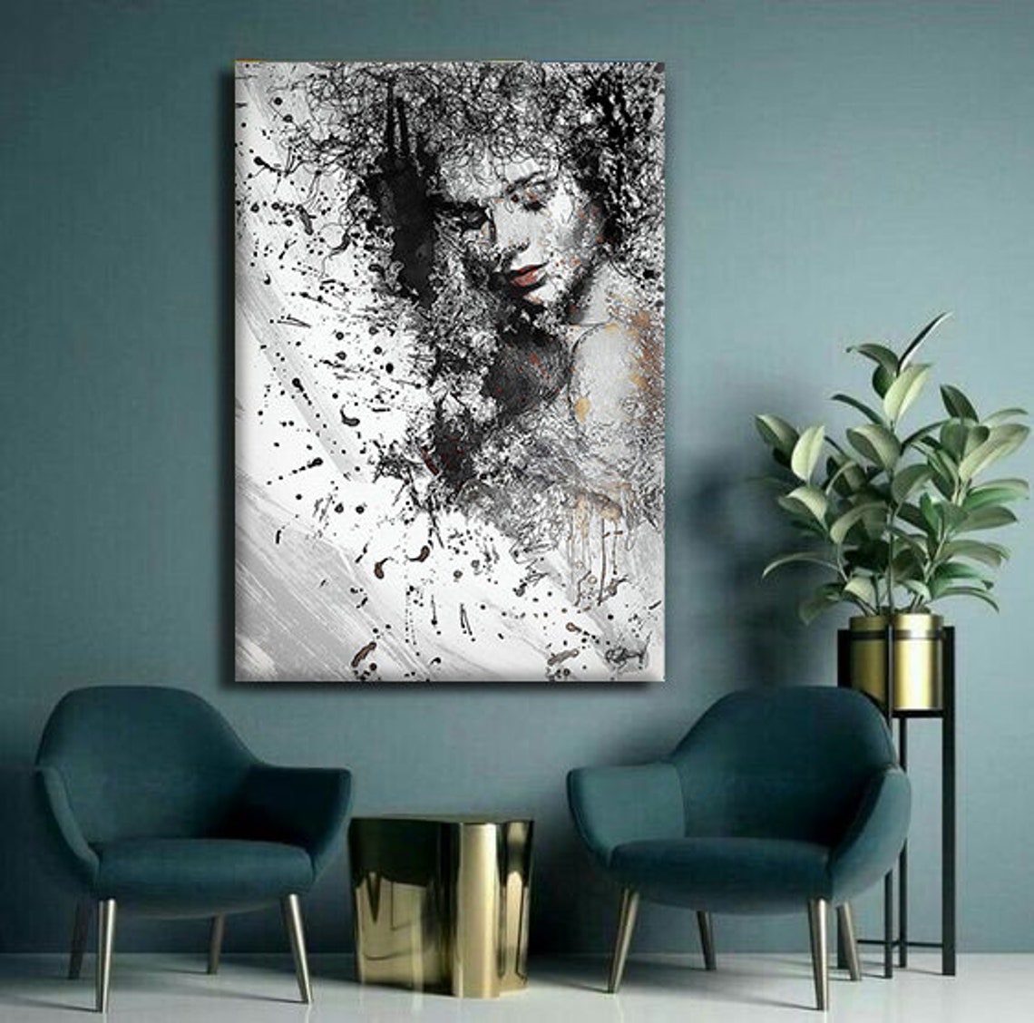 Black White Ink Splatter Woman Portrait Abstract Modern Art Print - Image 4