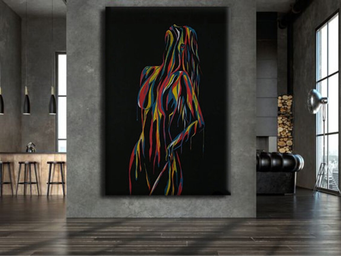 Rainbow Drip Woman Silhouette Flowing Color Ribbons Black Background Art Poster - Image 3