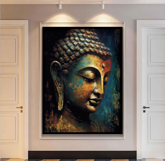 Antique Buddha Profile Teal Gold Serene Zen Meditation Art Poster