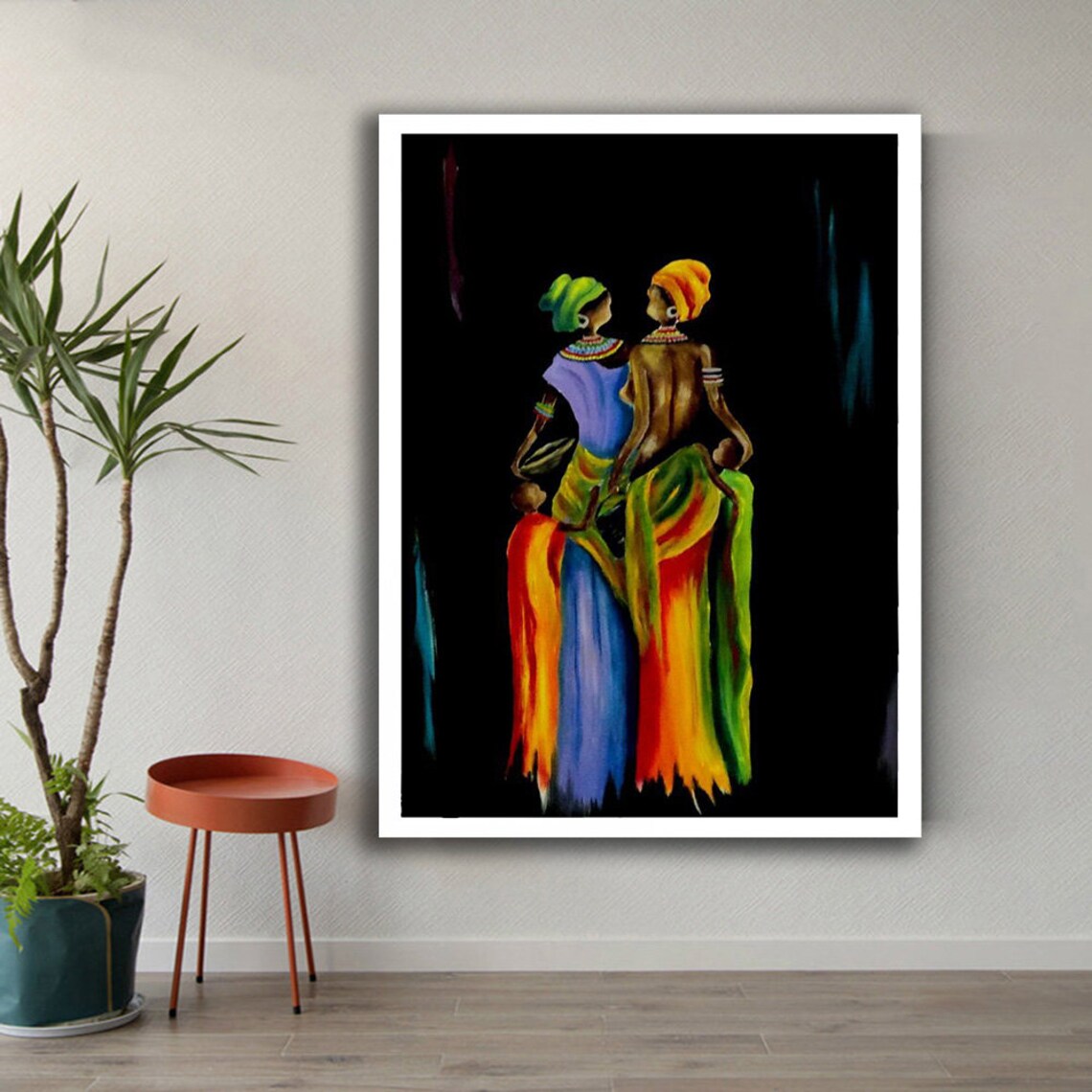 Two African Women Colorful Dresses Abstract Black Background Art Print - Image 2