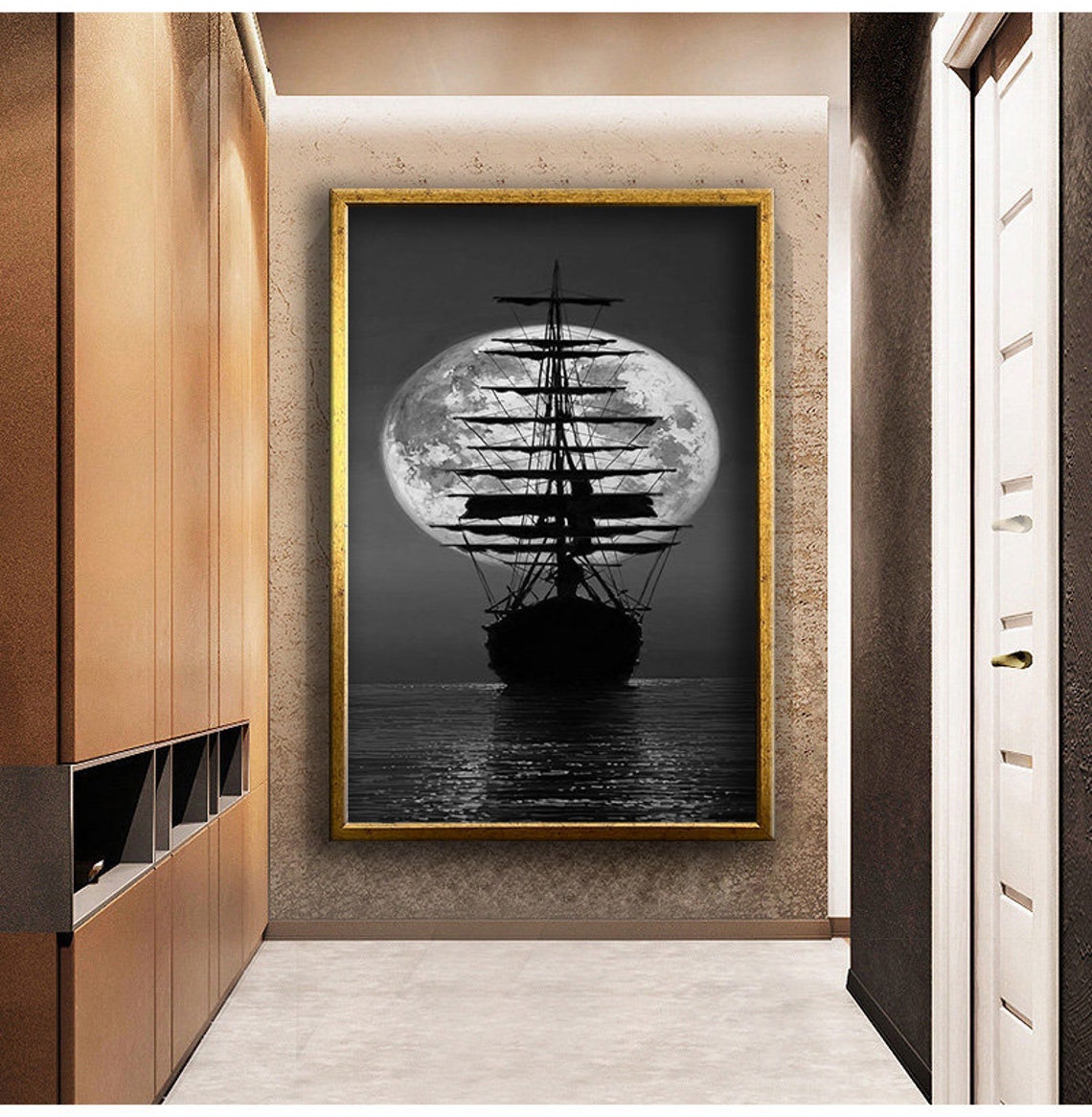 Sailing Ship And Full Moon Print Wall Decor Wall Art Print Ready To Hang Wall Print Design Painting
