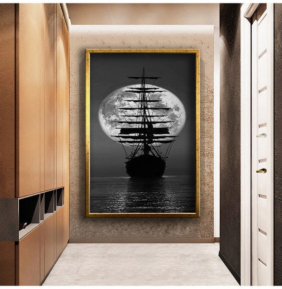 Sailing Ship And Full Moon Print Wall Decor Wall Art Print Ready To Hang Wall Print Design Painting