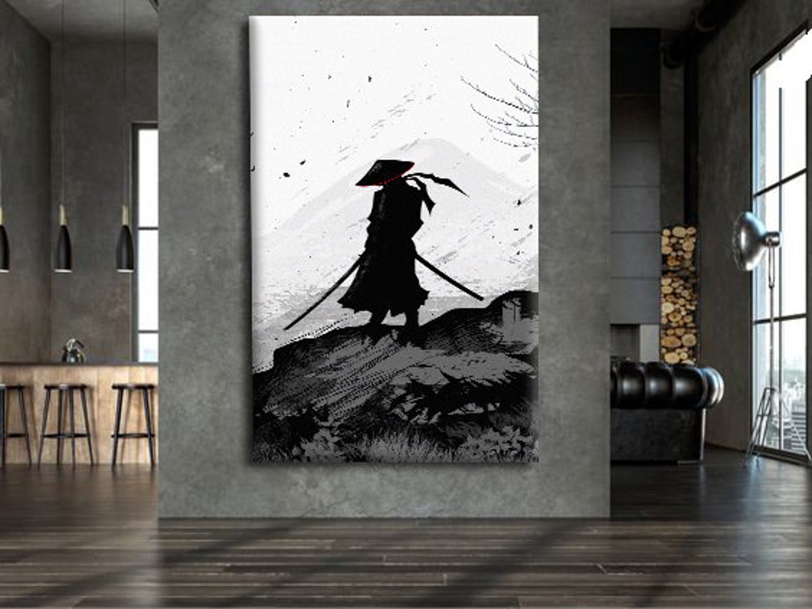 Samurai Silhouette Twin Swords Mountain Ink Style Art Poster - Image 3