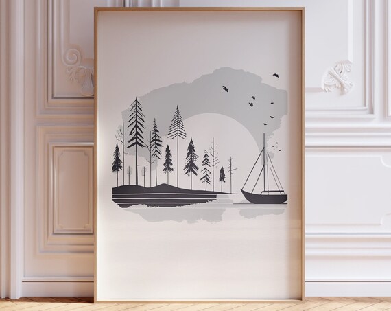 Pine Forest Lake Sailboat Moon Birds Nautical Japandi Style Poster