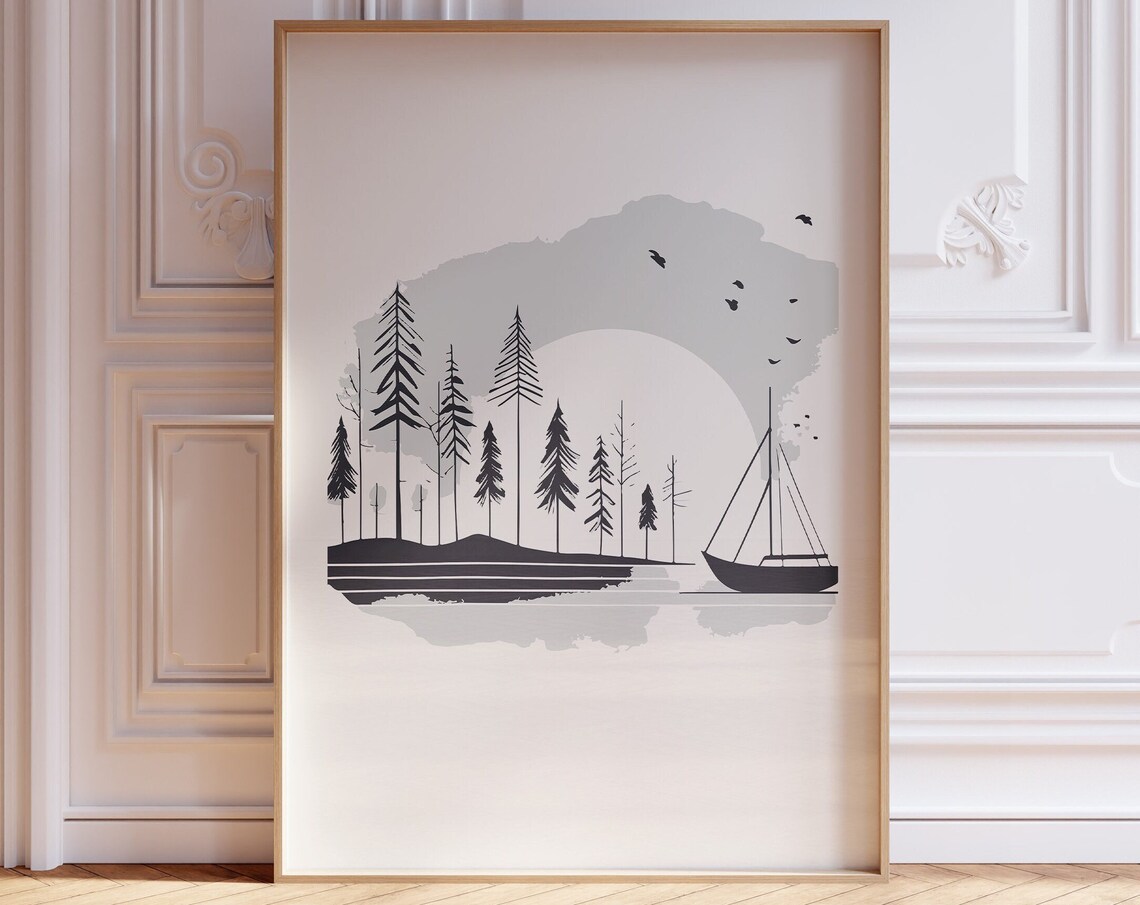 Pine Forest Lake Sailboat Moon Birds Nautical Japandi Style Poster