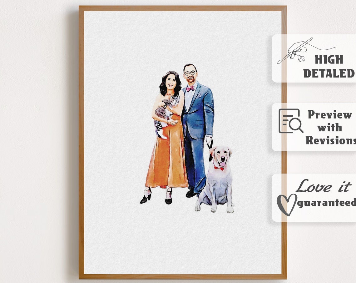 Personalised Couple Portrait With Pet Watercolor Portrait Pet Portrait From Photo Couple And Pet Drawing Pet Memorial Gift Sympathy Gift