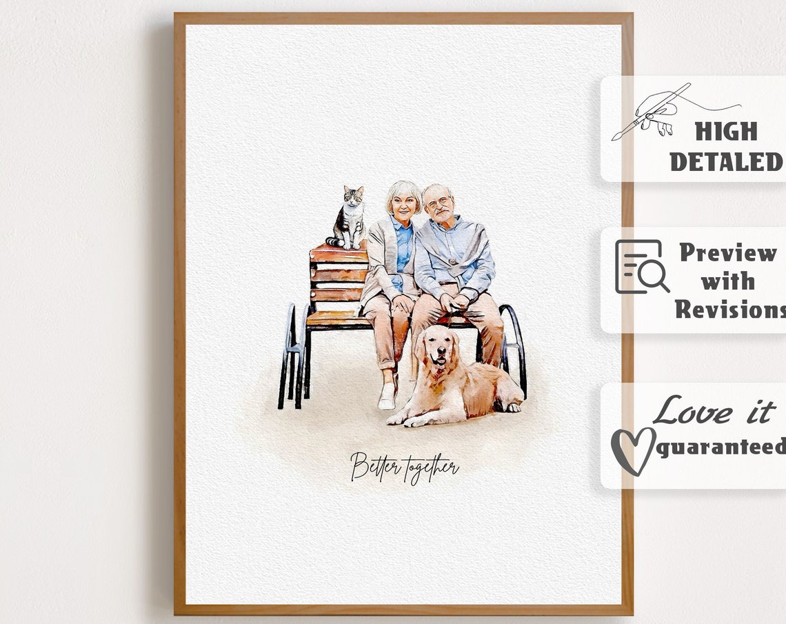 Senior Couple on Park Bench with Pets Better Together Keepsake Poster