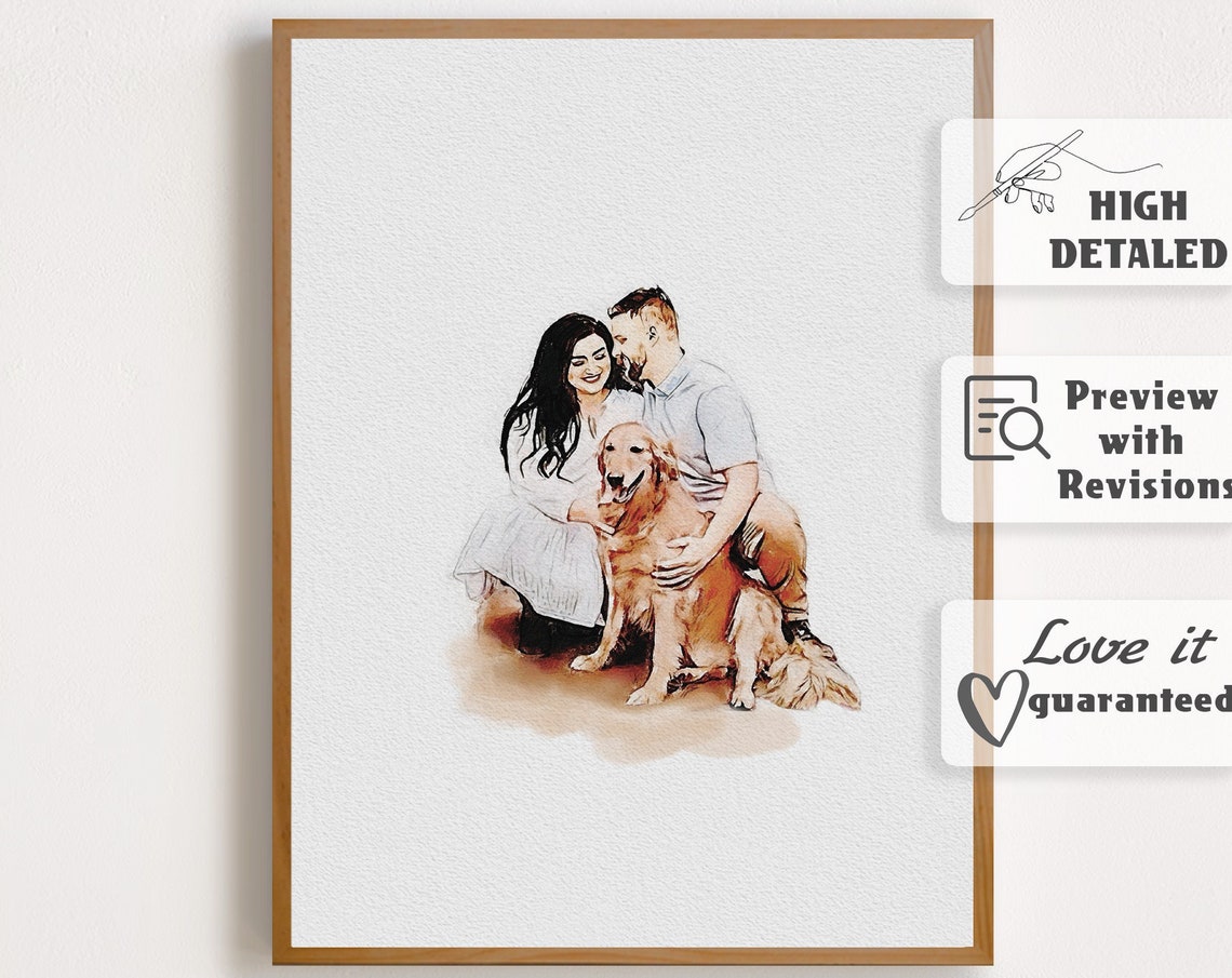 Custom Portrait With Pet Watercolor Portrait With Pet Pet Family Painting From Photo Couple And Pet Drawing From Photo Owner And Pet