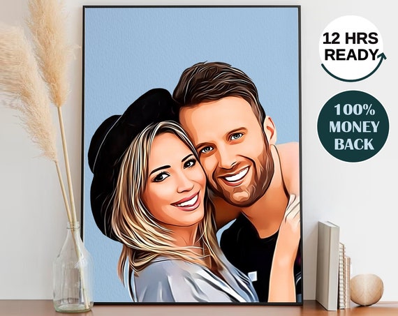 Smiling Couple Portrait in Stylish Hats Cartoon Pop Art Love Poster