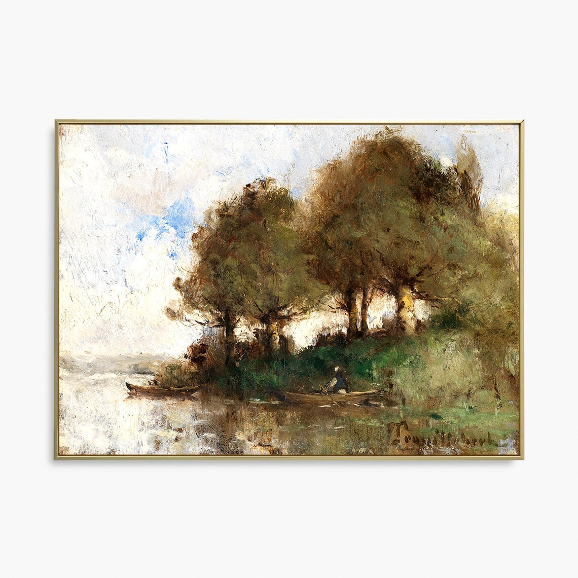 Vintage Oil Painting Sunlit River Boats Under Dark Trees Art Poster