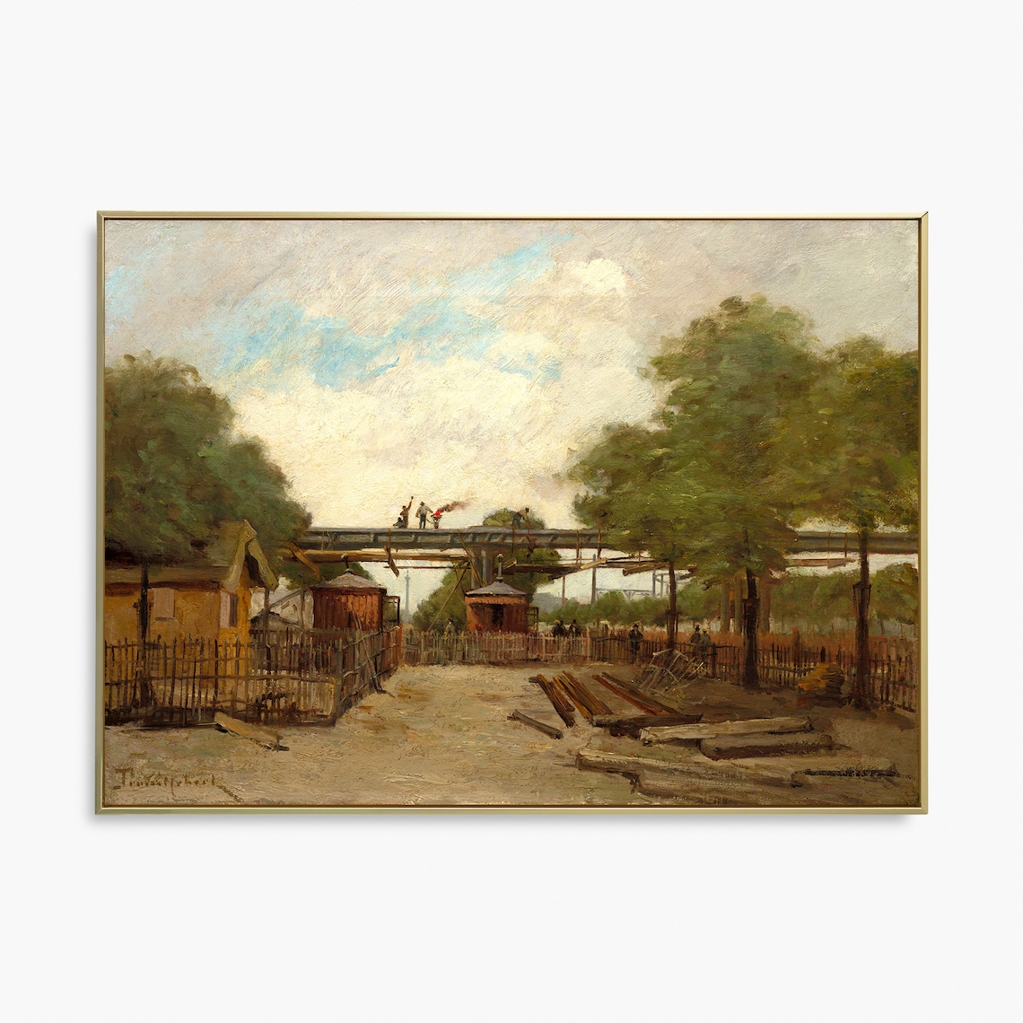 Vintage Oil Painting Railway Crossing Workers Timber Yard Art Poster