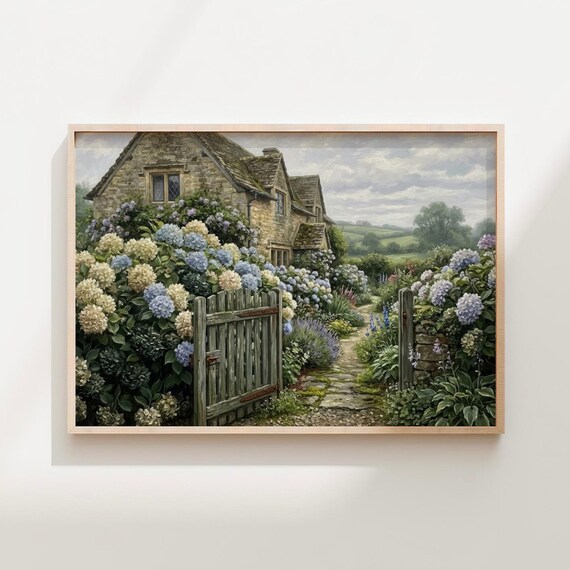 Vintage English Cottage Landscape Print Hydrangea Garden Art Moody Cottagecore Decor Rustic Farmhouse Floral Painting Digital Download