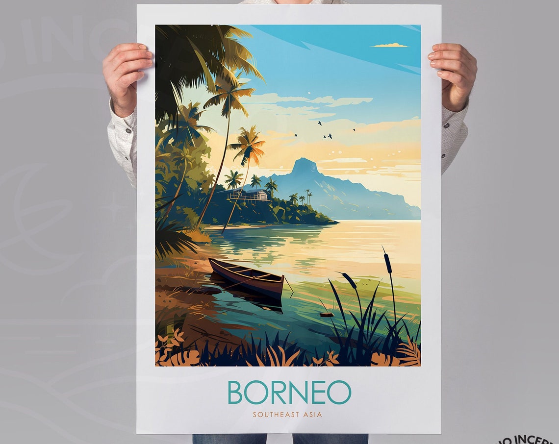 Borneo Southeast Asia Tropical Beach Canoe Vintage Travel Poster - Image 3