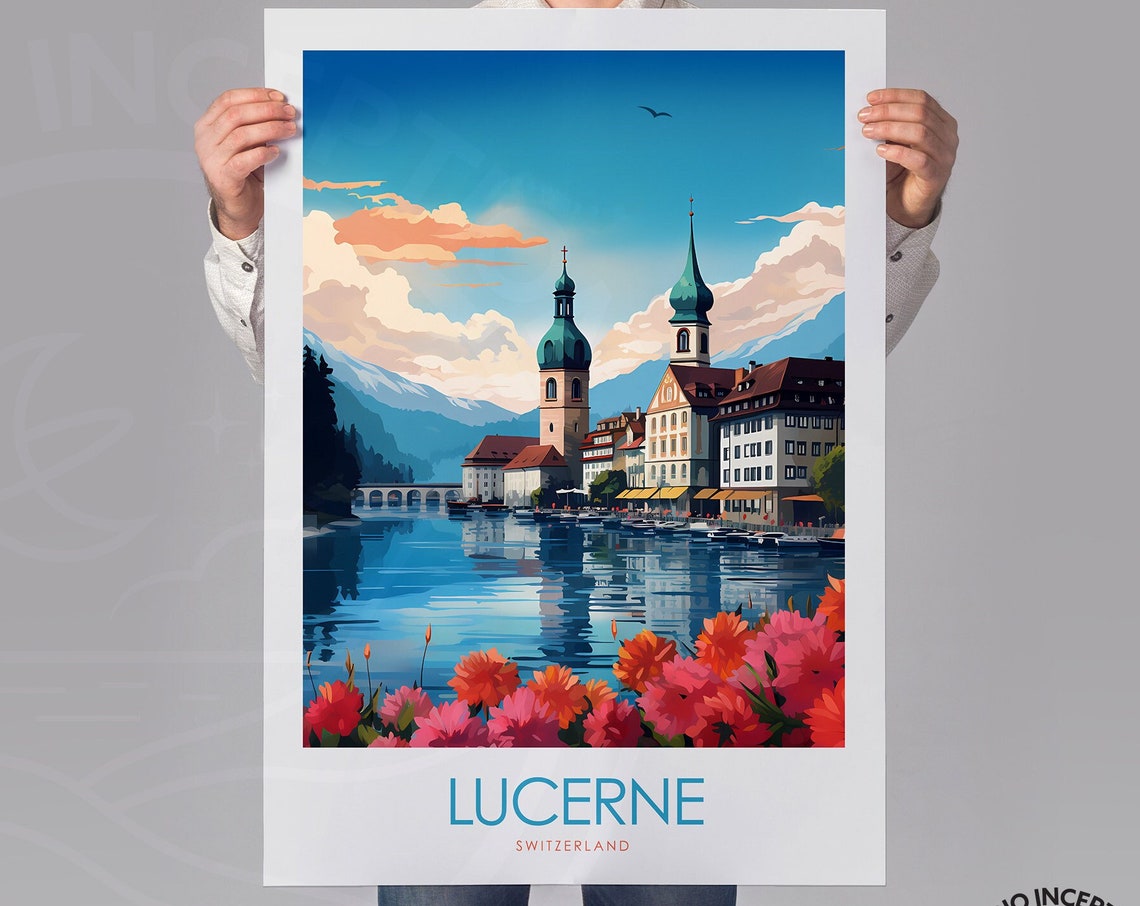 Lucerne Switzerland Old Town Chapel Bridge Lake Flowers Poster - Image 3