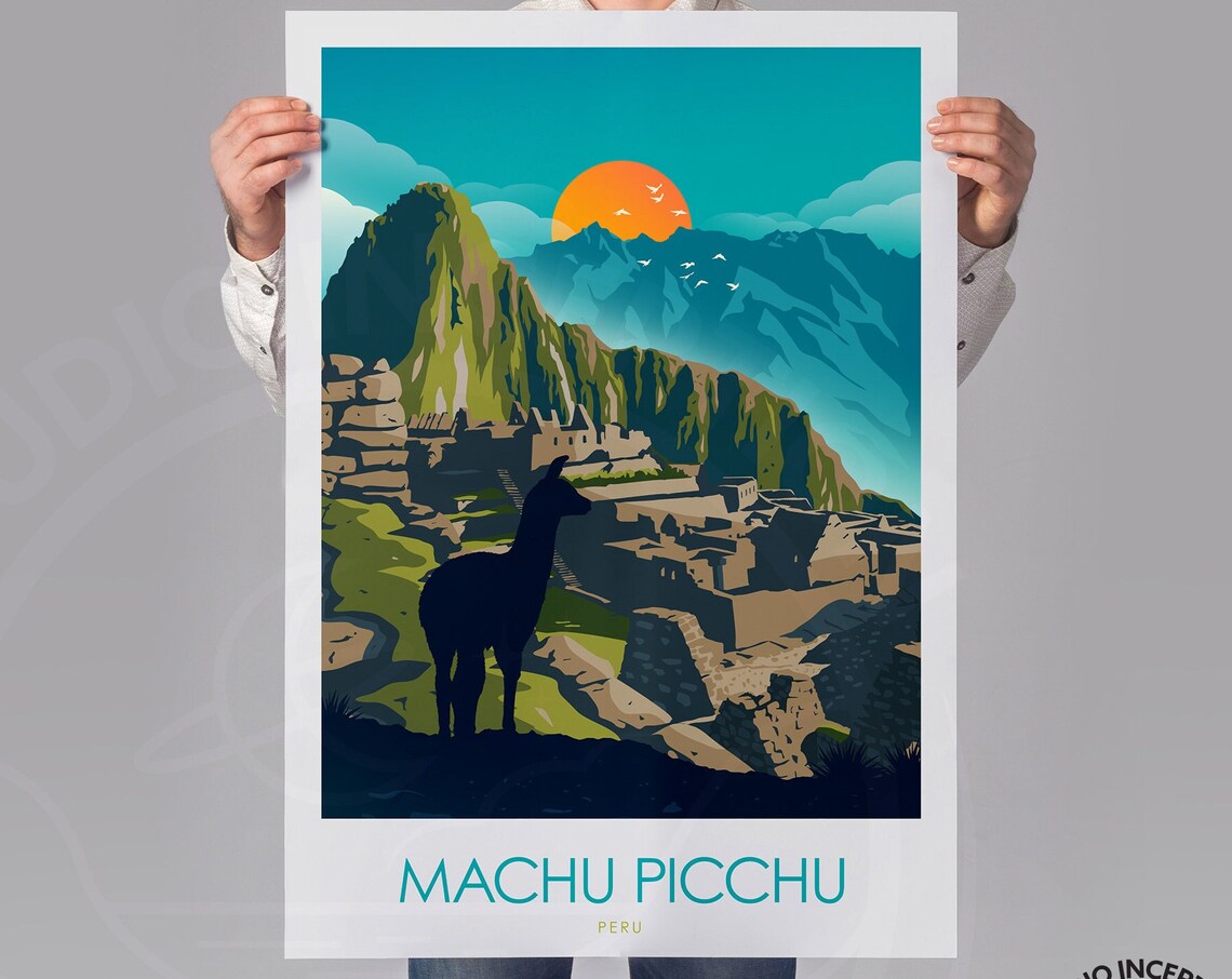 Machu Picchu Peru Travel Poster, Llama Art Print - Image 2
