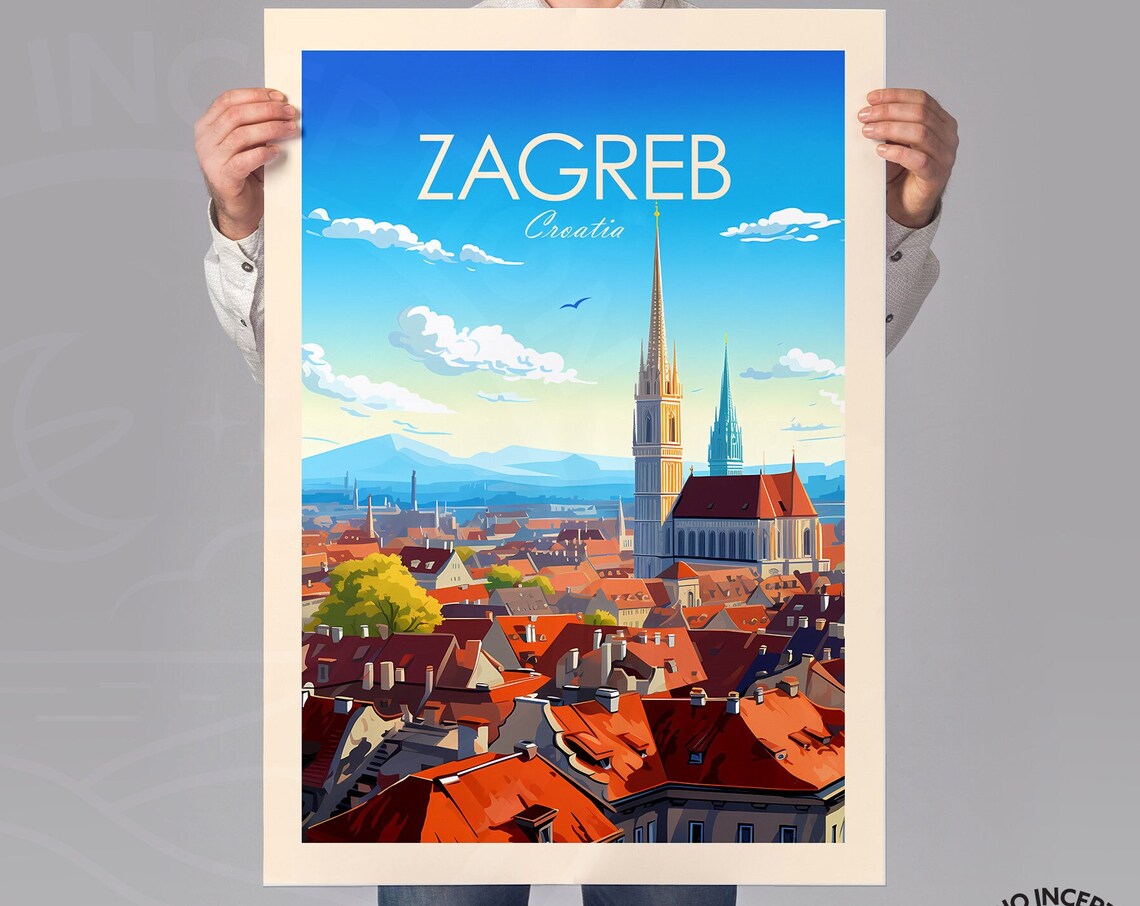 Zagreb Croatia Cathedral Old Town Rooftops Sunset Travel Poster - Image 3
