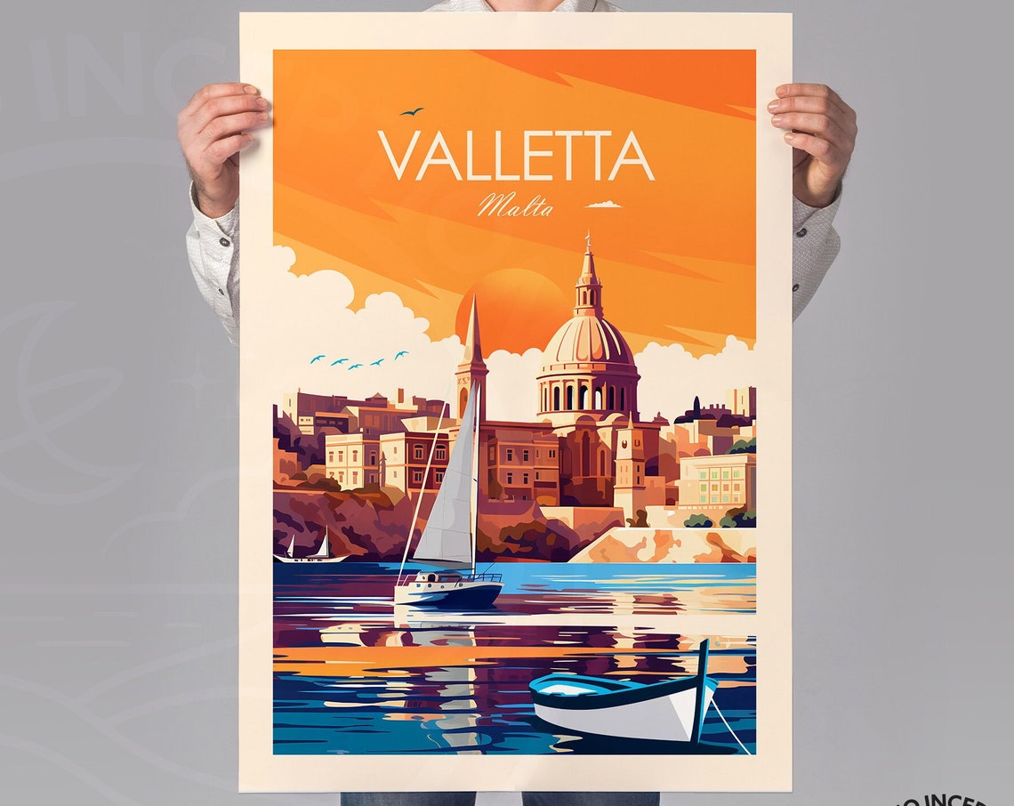 Valletta Malta Harbor Sunset Sailboat Basilica Travel Poster - Image 2