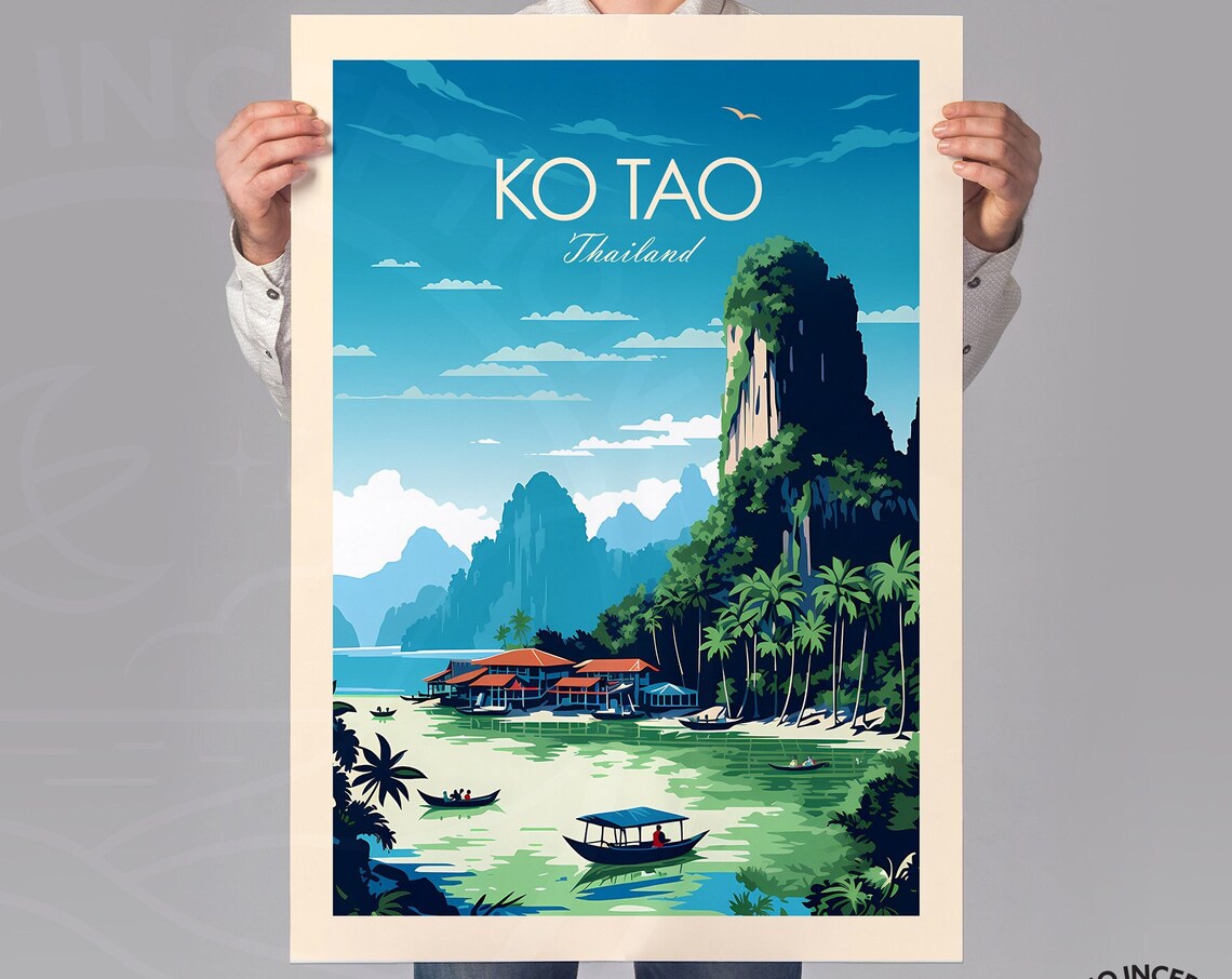 Ko Tao Thailand Tropical Bay Longtail Boats Island Travel Poster - Image 3