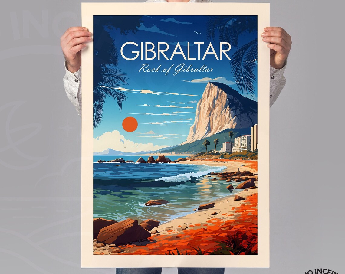 Gibraltar Rock of Gibraltar Beach Sunset Traditional Travel Poster - Image 3