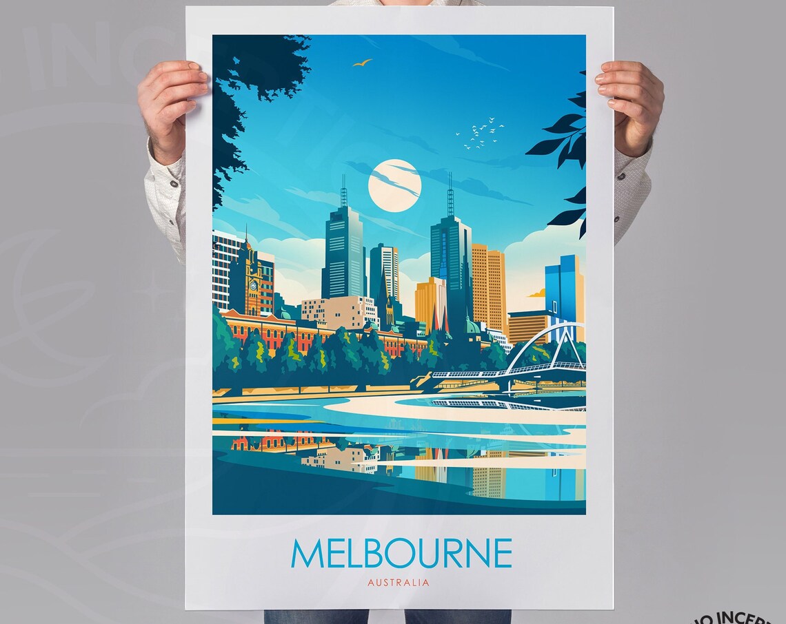 Melbourne Australia City Skyline River Moon Night Travel Poster - Image 2