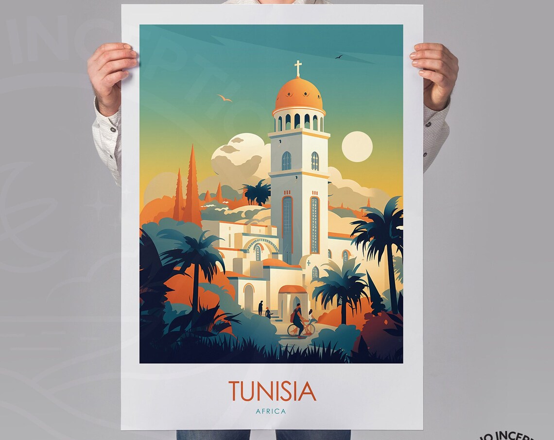 Tunisia Africa Cathedral Bell Tower Palms Vintage Travel Poster - Image 4