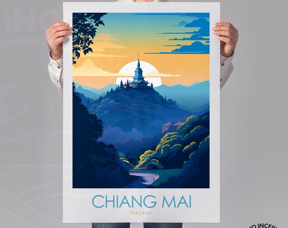 Chiang Mai Thailand Hilltop Temple Golden Hour Sunset Poster Art - Image 2