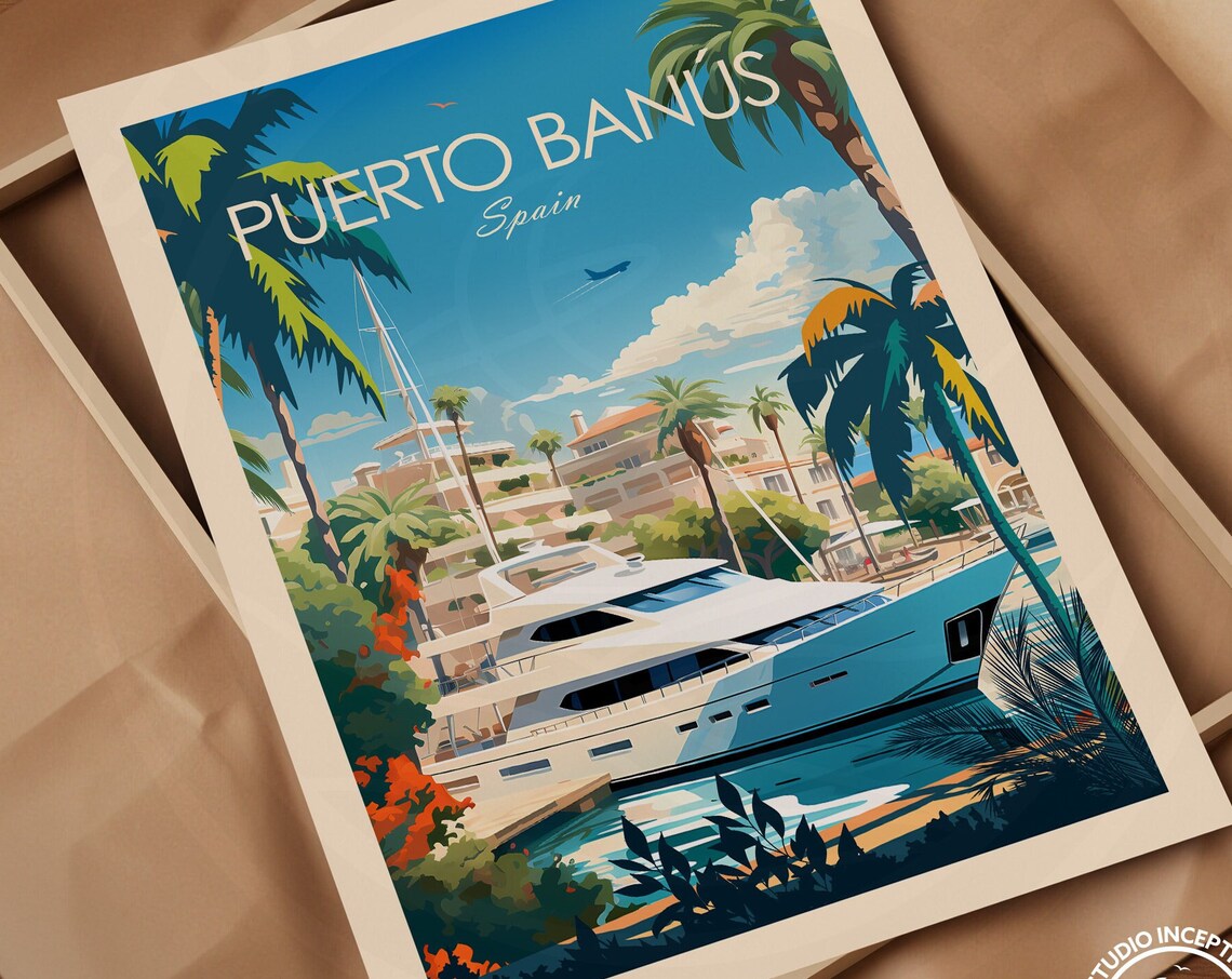 Puerto Banus Spain Luxury Yacht Marina Traditional Travel Poster - Image 2