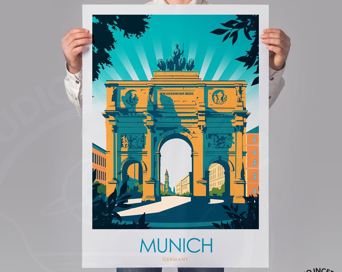 Munich Germany Siegestor Triumphal Arch Sun Vintage Travel Poster - Image 2