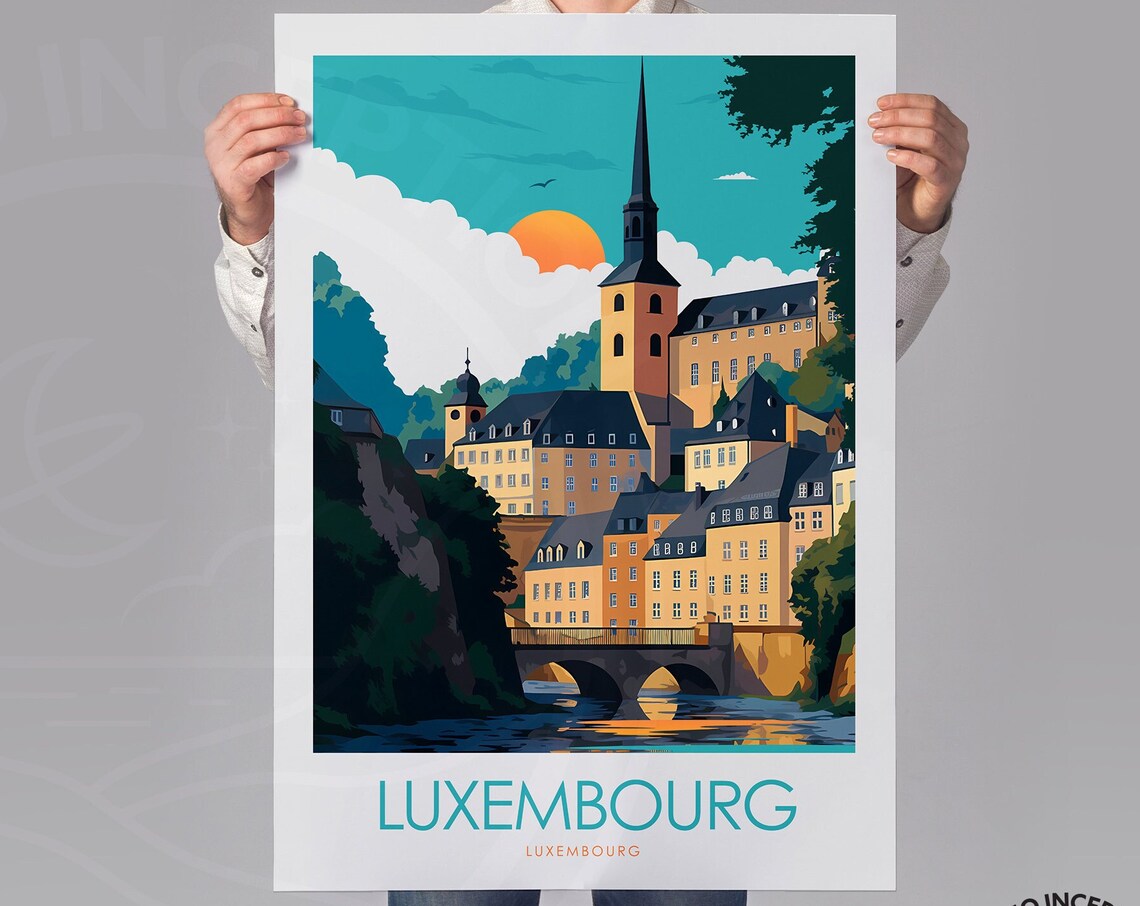 Historic Luxembourg City Old Town River Bridge Sunset Travel Poster - Image 2