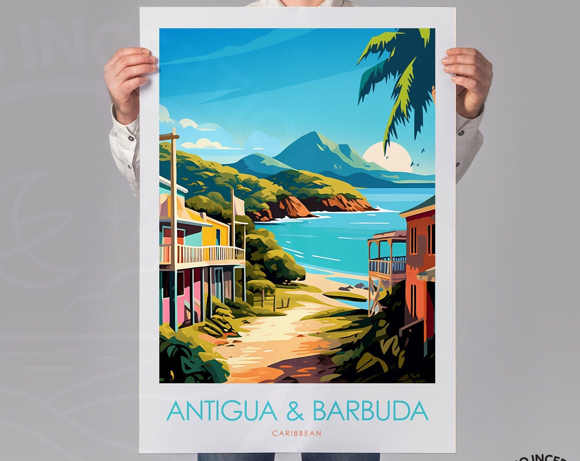 Antigua and Barbuda Caribbean Island Beach Coastline Travel Poster - Image 2