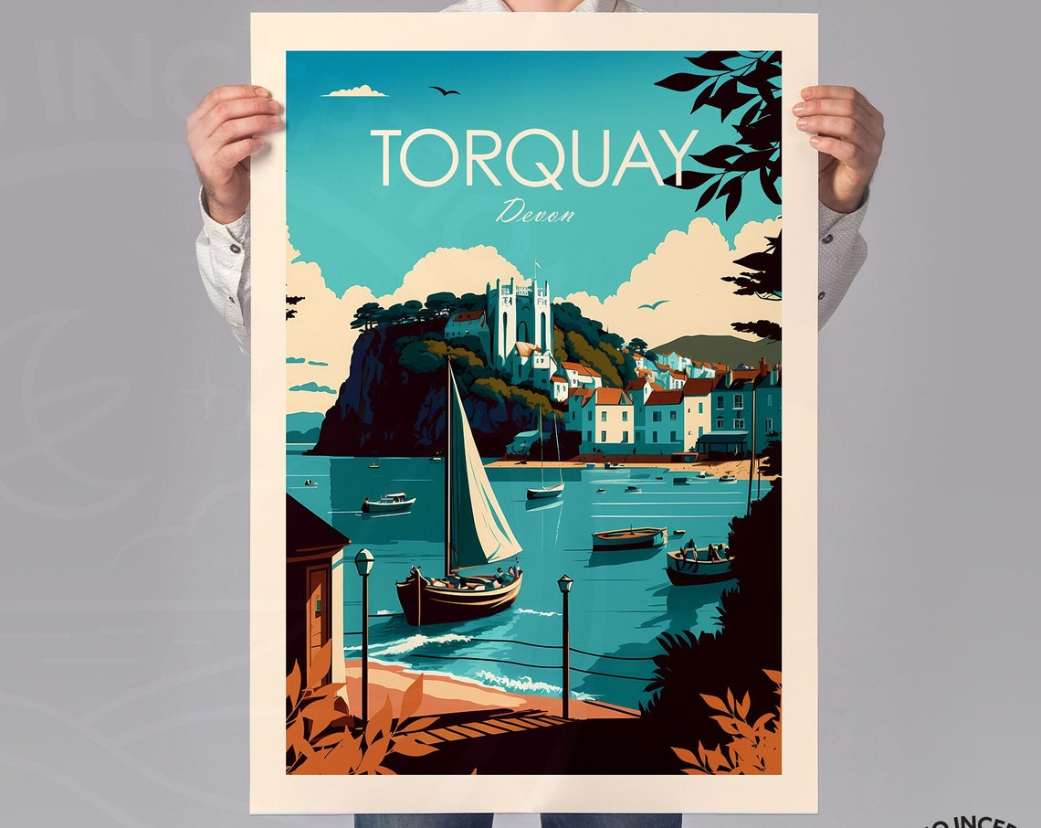 Torquay Devon Harbor Sailboats Cliffside Town Coastal Scene Poster - Image 2