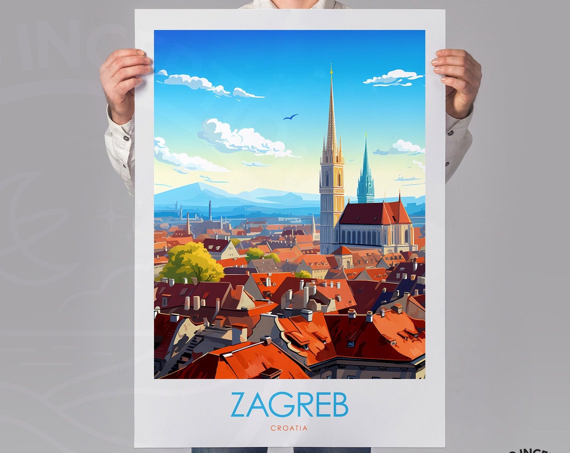 Zagreb Croatia Cathedral Spires Red Rooftops Minimal Travel Poster - Image 3