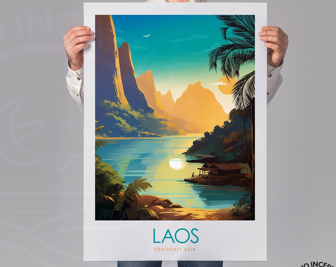 Laos Southeast Asia Karst Mountain River Village Sunset Poster - Image 3