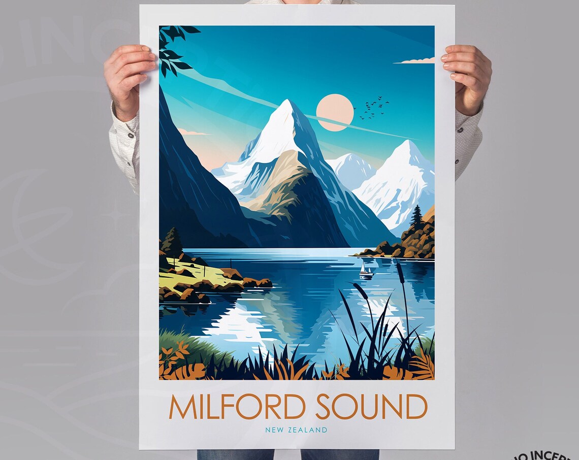 Milford Sound New Zealand Travel Poster, Wall Art - Image 2