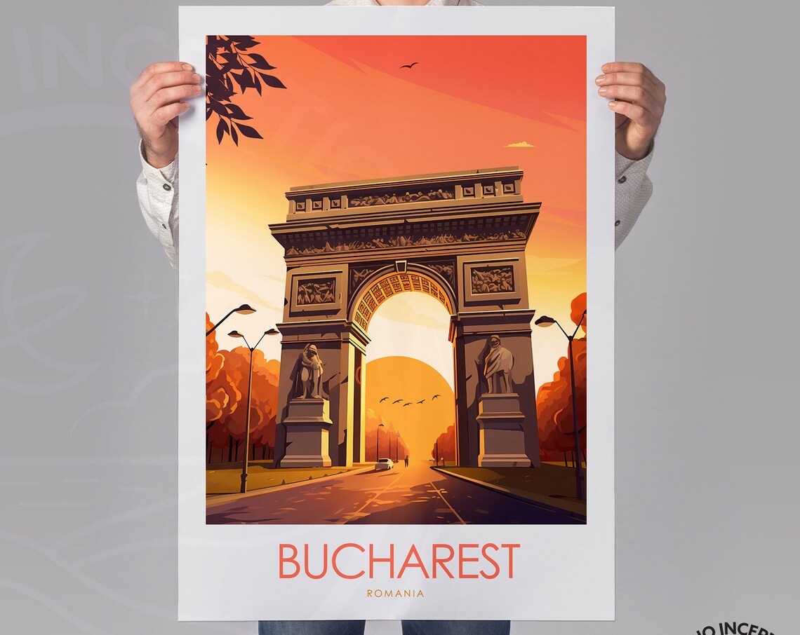Bucharest Romania Historic Triumphal Arch Evening Sky Travel Poster - Image 2