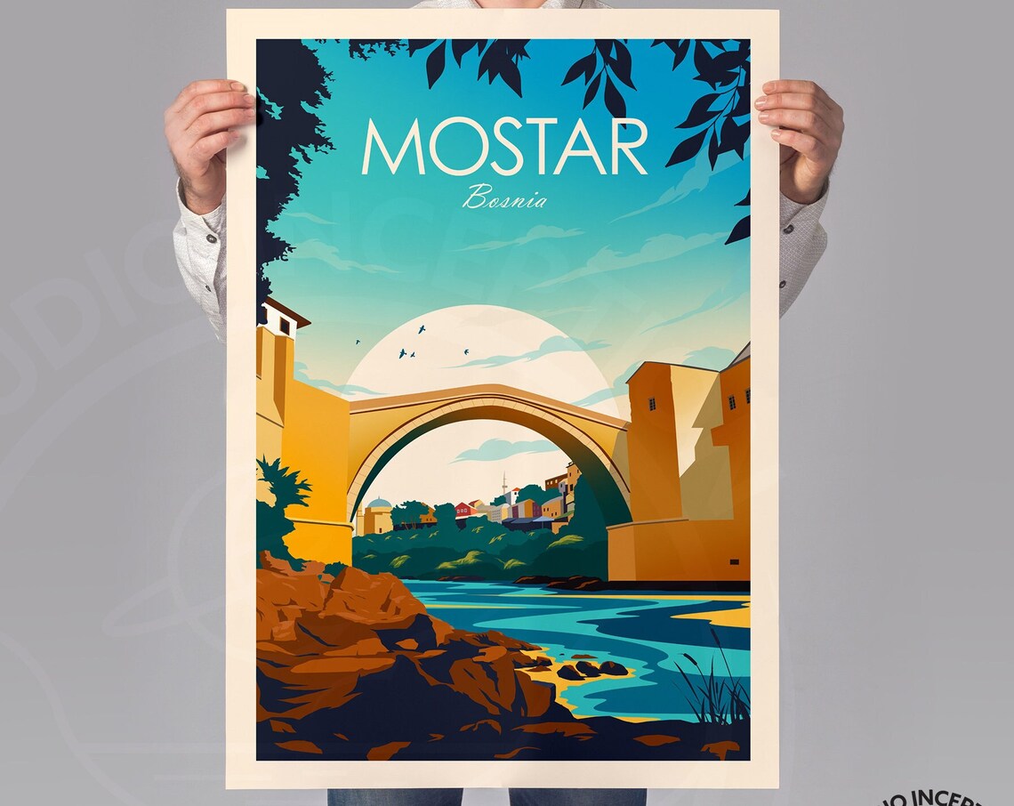 Mostar Bosnia Stari Most Old Bridge River Vintage Travel Poster - Image 3