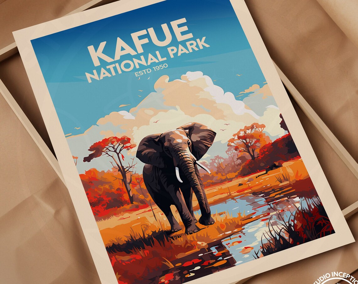Kafue National Park Estd 1950 African Elephant Safari Travel Poster - Image 3