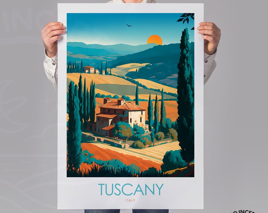 Tuscany Italy Cypress Villa Rolling Hills Sunset Countryside Poster - Image 2
