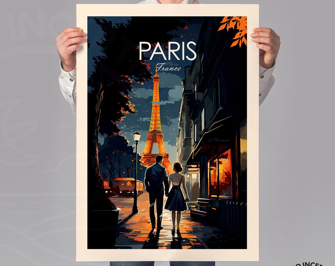 Paris France Eiffel Tower Night Couple Romantic Street Travel Poster - Image 3