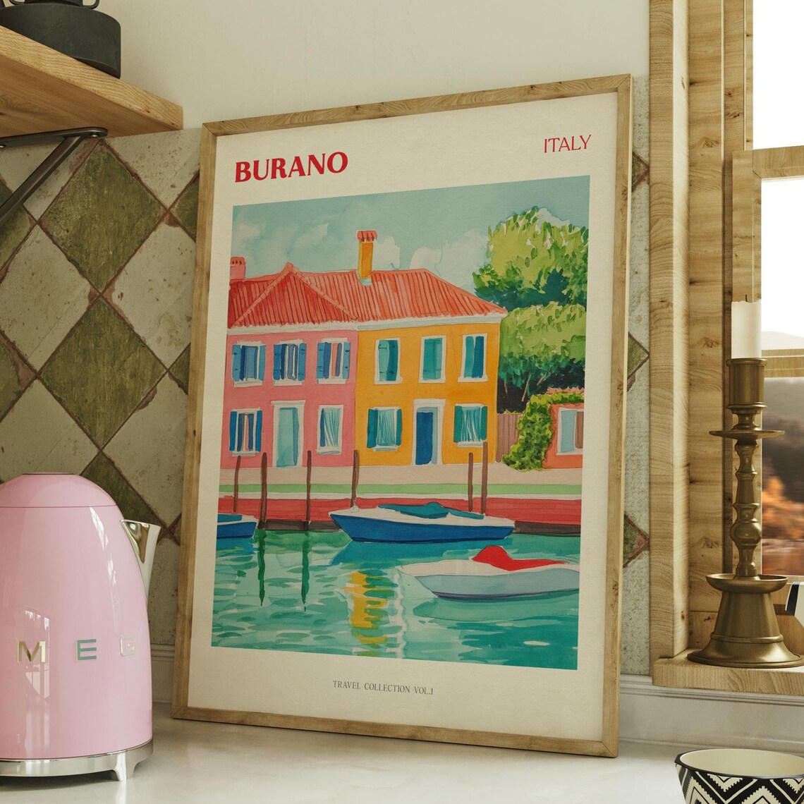 Burano Italy Colorful Canal Houses Boats Watercolor Travel Poster