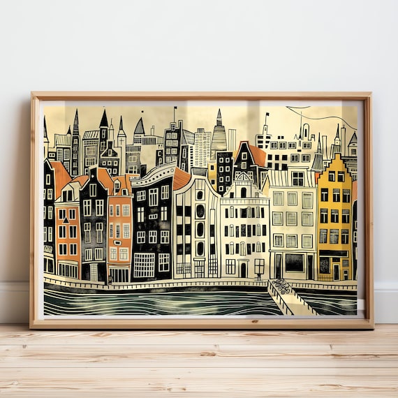 Amsterdam Inspired Canal Houses Poster Hand Drawn City Skyline Art
