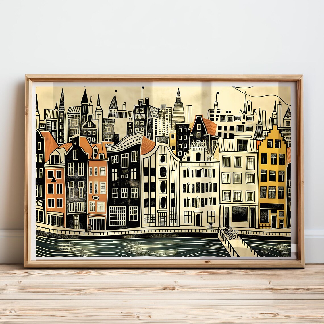 Amsterdam Inspired Canal Houses Poster Hand Drawn City Skyline Art