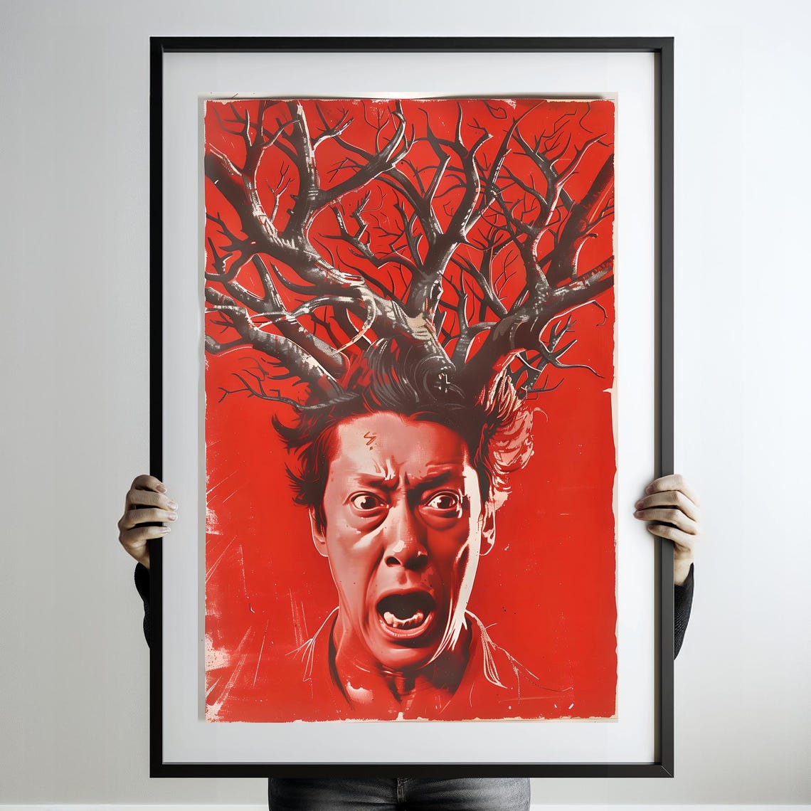 Screaming Man with Tree Antler Branches Bold Red Horror Art Poster