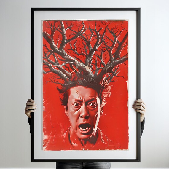 Screaming Man with Tree Antler Branches Bold Red Horror Art Poster