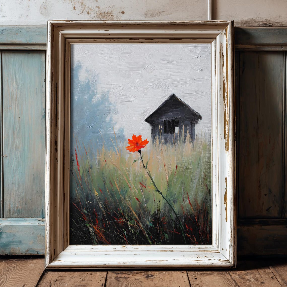 The Cabin Misty Rural Landscape Orange Poppy Flower Painting Poster
