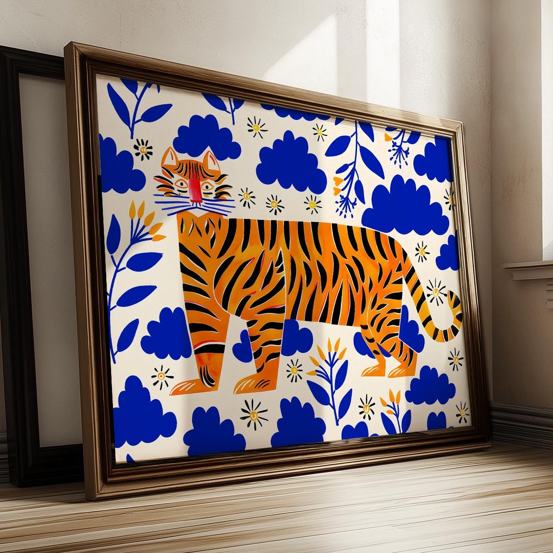 Tiger Art Print Folk Wall Home Decor Animals Flowers Clouds