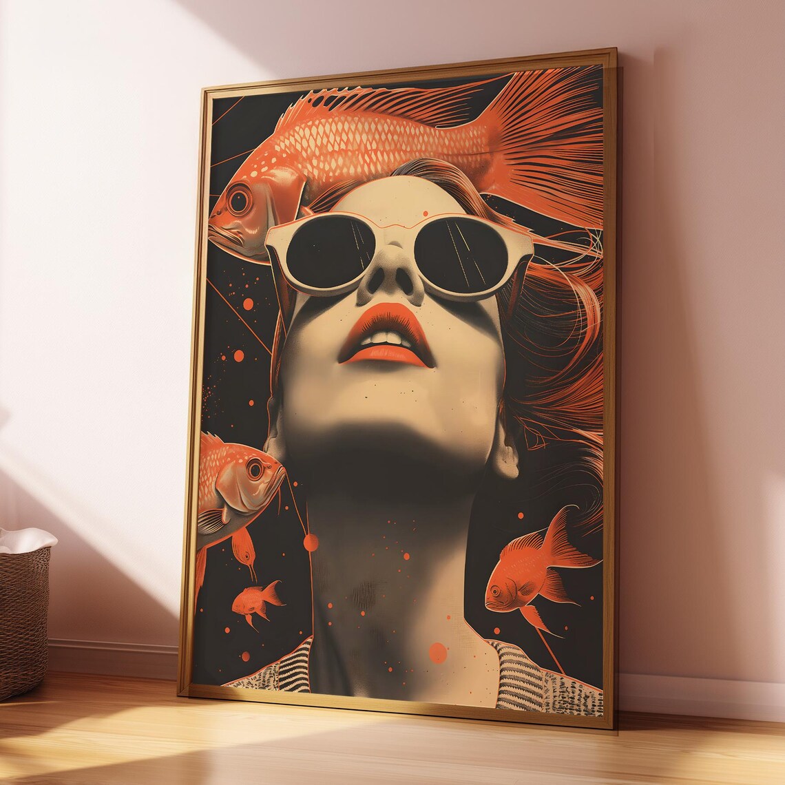 Surreal Orange Collage Woman Sunglasses Fish Retro Art Print