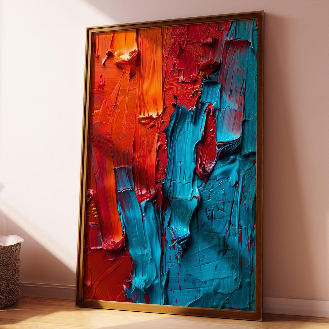 Bold Red and Blue Abstract Impasto Oil Painting Statement Art Poster