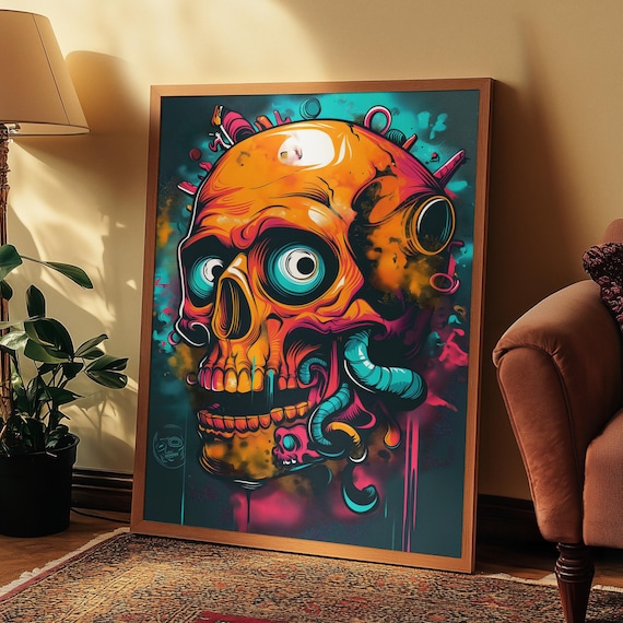 Colorful Skull Street Art Poster Neon Pop Skull Illustration Bold Urban Decor