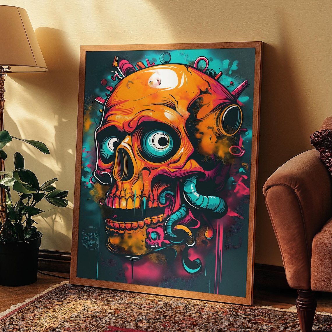 Colorful Skull Street Art Poster Neon Pop Skull Illustration Bold Urban Decor